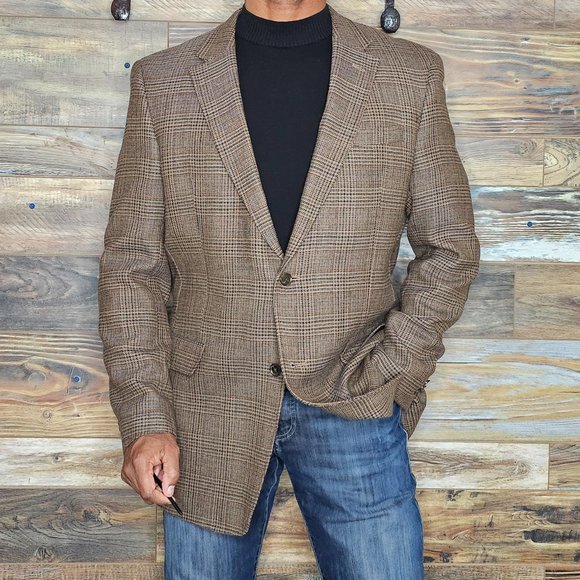 Tommy Hilfiger Wool Brown Plaid Dual Vent Elbow Patches Blazer Sport Jacket 44R